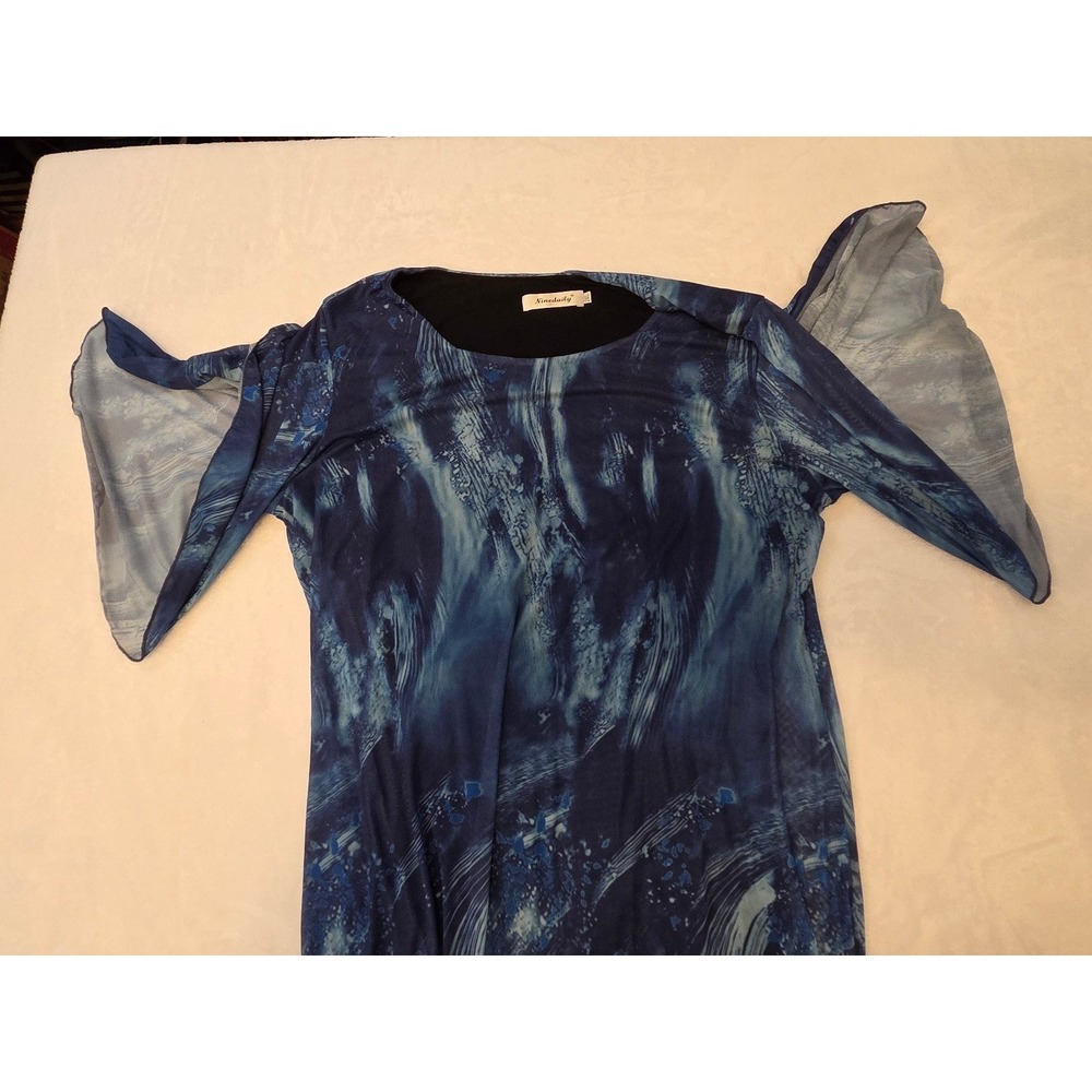 028- Ninedaily Women's Abstract Print Blue/Black Pullover Round Neck Blouse